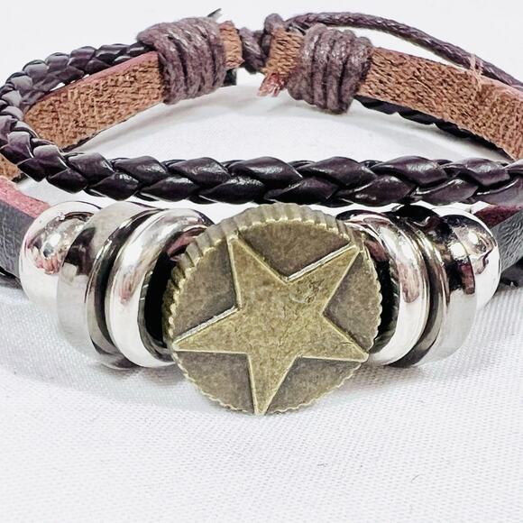 Star Western Braided Beaded Metal Silver Black Bracelet Black Leather New - Picture 3 of 5